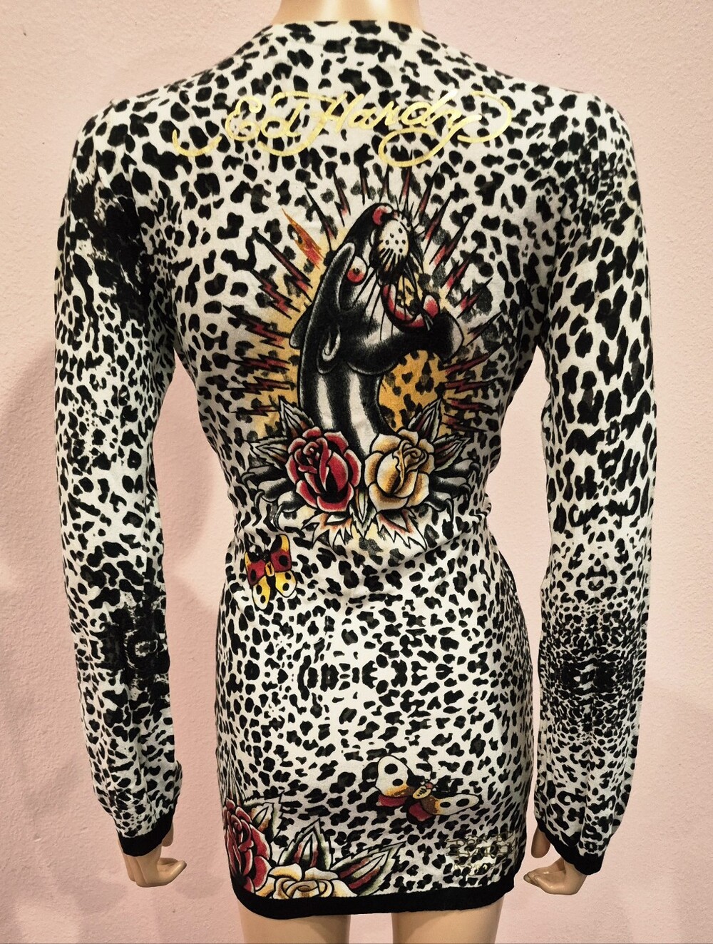 ED HARDY Black & Cream Animal-Print V-Neck Tunic Sweater - Size M - Picture 2 of 9